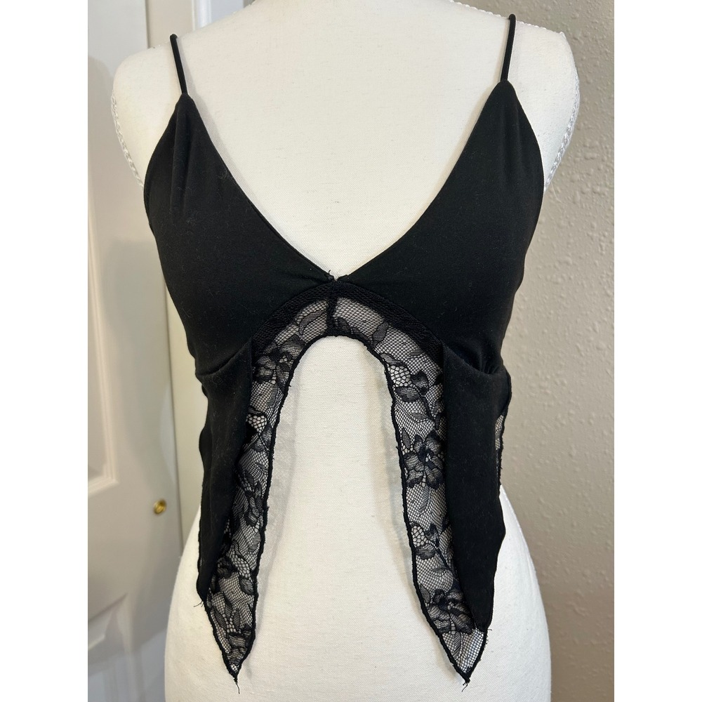 Whimsigoth Fairycore Black Lace Trim Hem Crop Top V-Neck Camisole Small